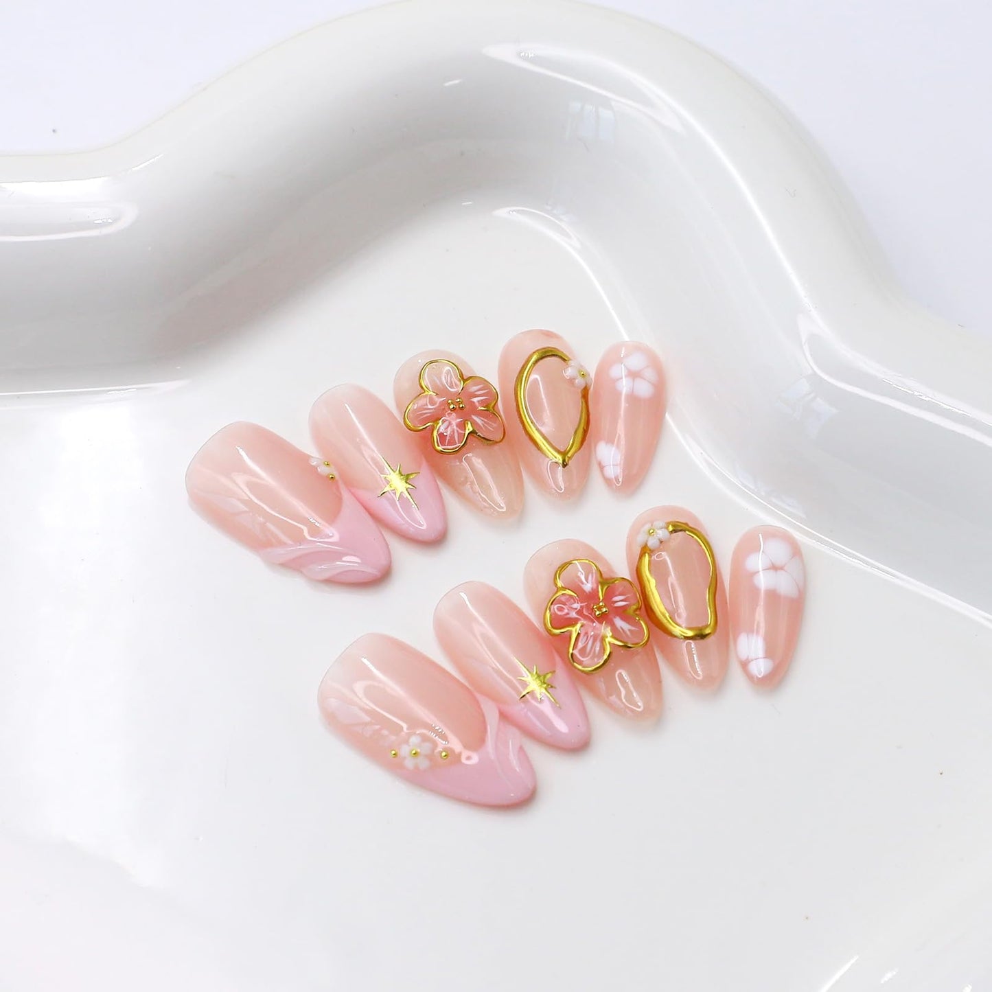 Handmade Press on Nails Medium Almond Fake Nails with 3D Gold Embossed & Flower Design Salon Quality Thickened Acrylic False Nail Full Cover Pink French Tips Stick on Nail for Women（Size M）