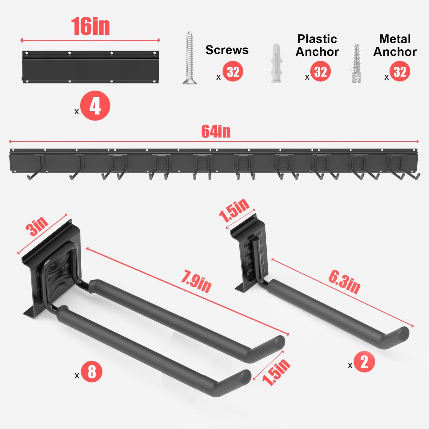 Mutilife Wall-Mounted Garage Tool Organizer: 64 Inch Heavy-Duty Garden Rack & Wall Storage System - 4 Rails 10 Non-Slip Hooks for Folding Chairs, Ladders & DIY Tools