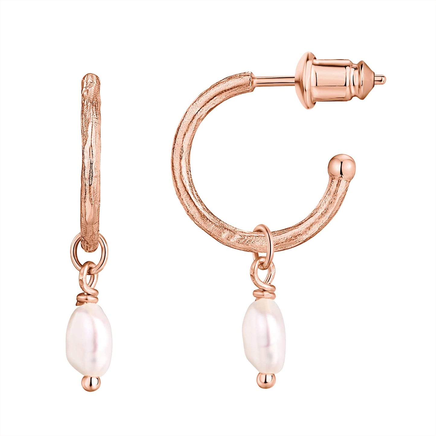 PAVOI 14K Rose Gold Plated 925 Sterling Silver Post Classic Pearl Dangle Huggie Hoop Earrings For Women - Trendy Pearl Drop Open Hoop Earrings - Cubic Zirconia Small Hinged Hammered Huggies