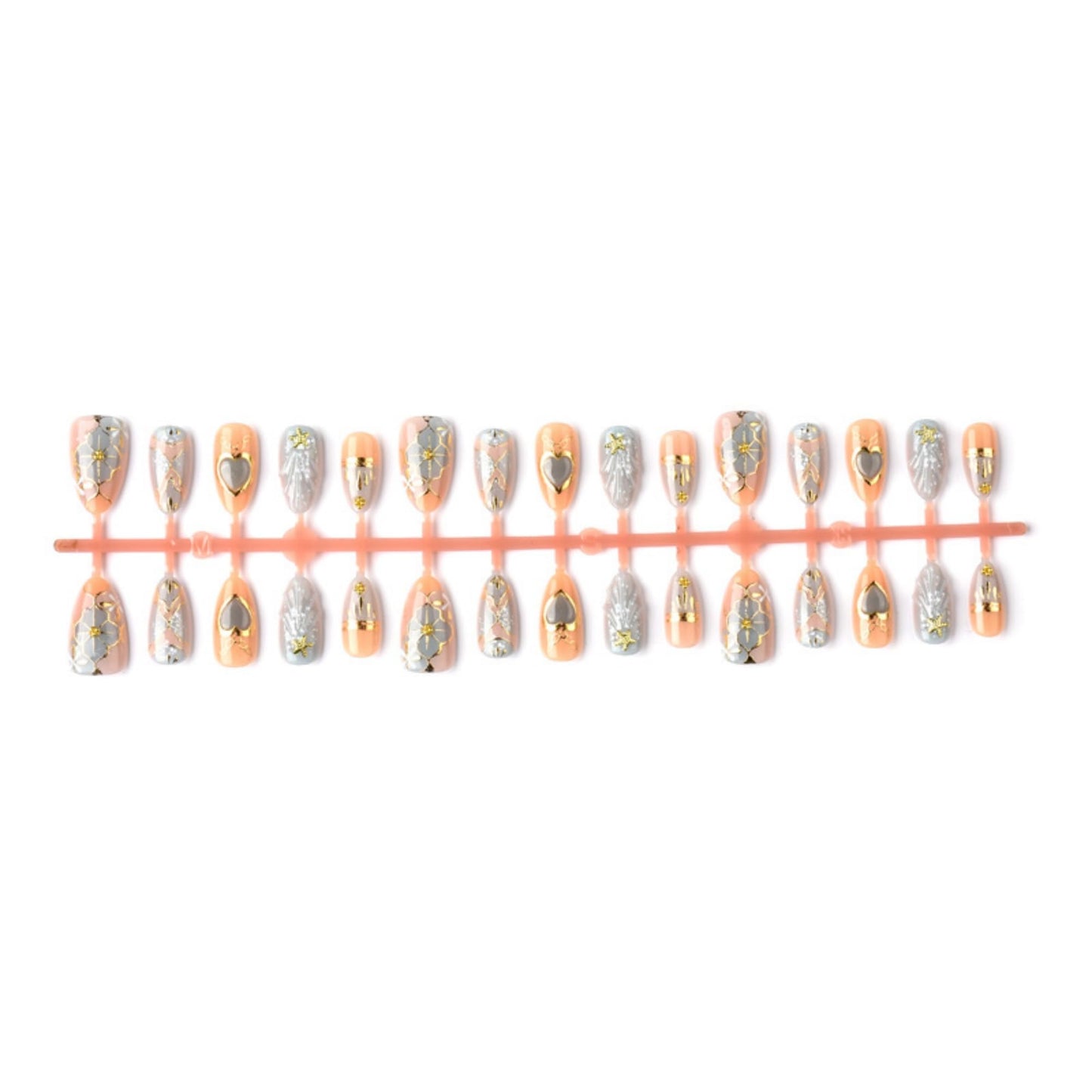 octoswave Press on Nails Medium Almond Fake Nails 3D Artificial Nail Blue Love Gold Charm Stick on Nail for Women 30pcs