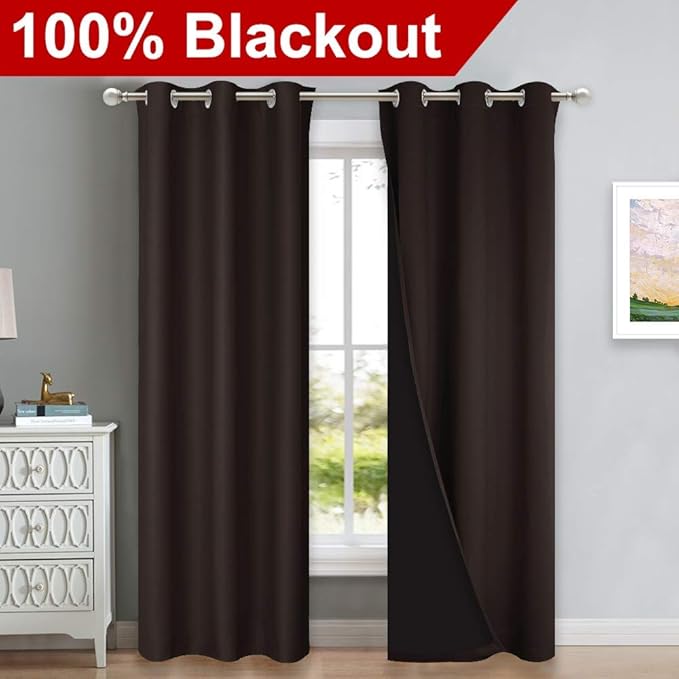 NICETOWN High End Thermal Curtains, Full Blackout Curtains 84 inches Long for Dining Room, Soundproof Window Treatment Drapes for Hall Room, Brown, 42 inches Wide Per Panel, Set of 2 Panels