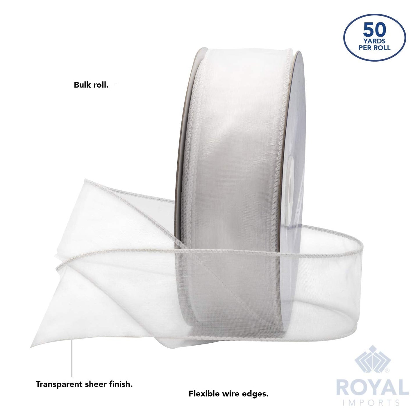 Royal Imports Organza Wired Sheer Ribbon 1.5" (#9) for Floral & Craft Decoration, 50 Yard Roll (150 FT Spool), White