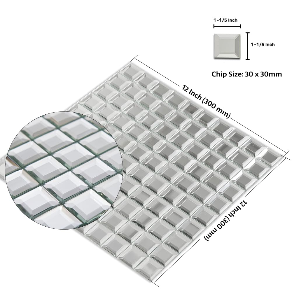 Soulscrafts Mirror Glass Mosaic Tile, 5 Faces Square Beveled Silver Crystal Mirror Backsplash 12x12 Inch Seamless for Kitchen Bathroom 5 Sheets