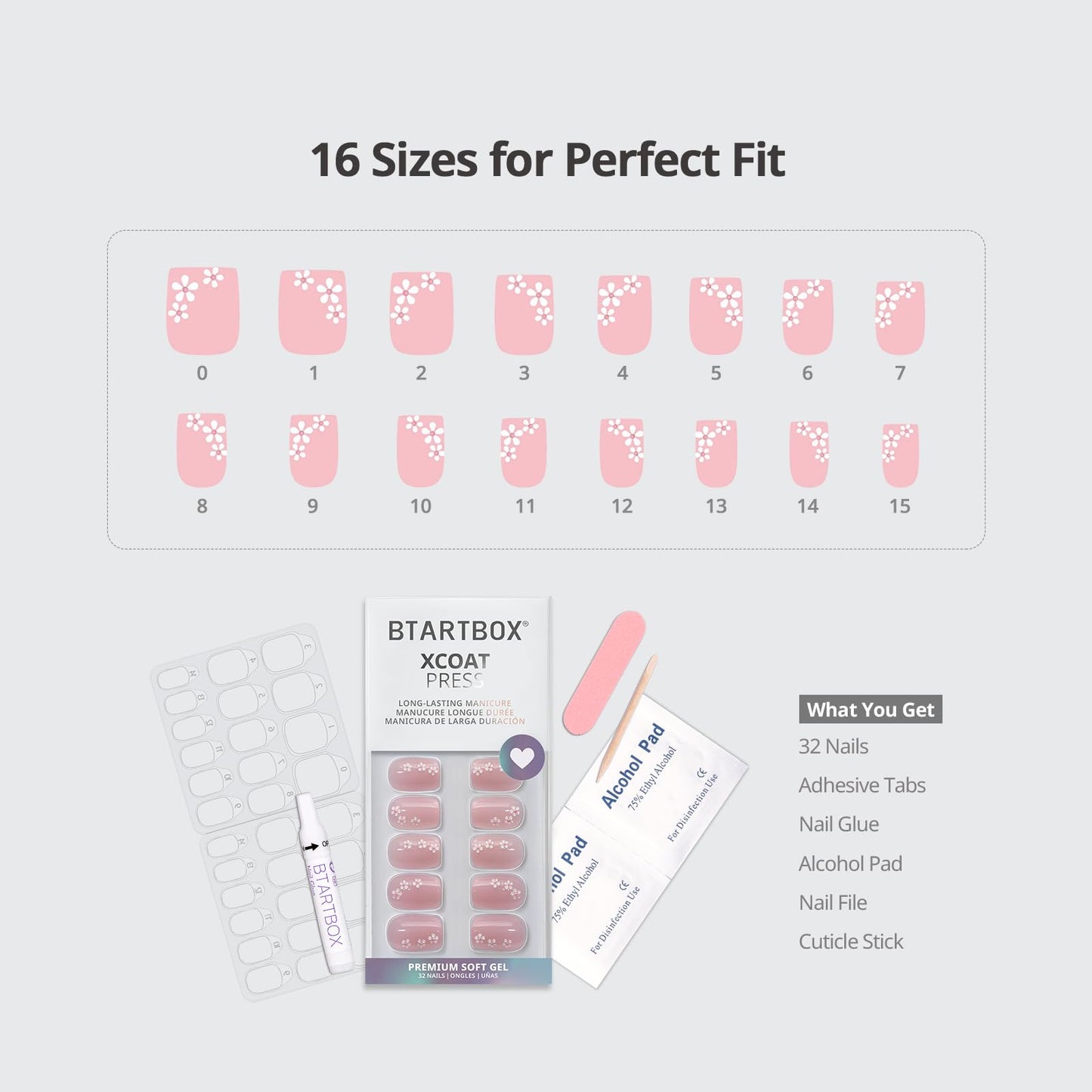 BTArtbox Press On Nails Short - Petalfall, Lamp-Curable 4-Week Wear 3D Flower Pink Square Press On Nails with Glue and Adhesive Tabs, Easy-to-Apply in 16 Sizes - 32 Nails All-in-One Kit