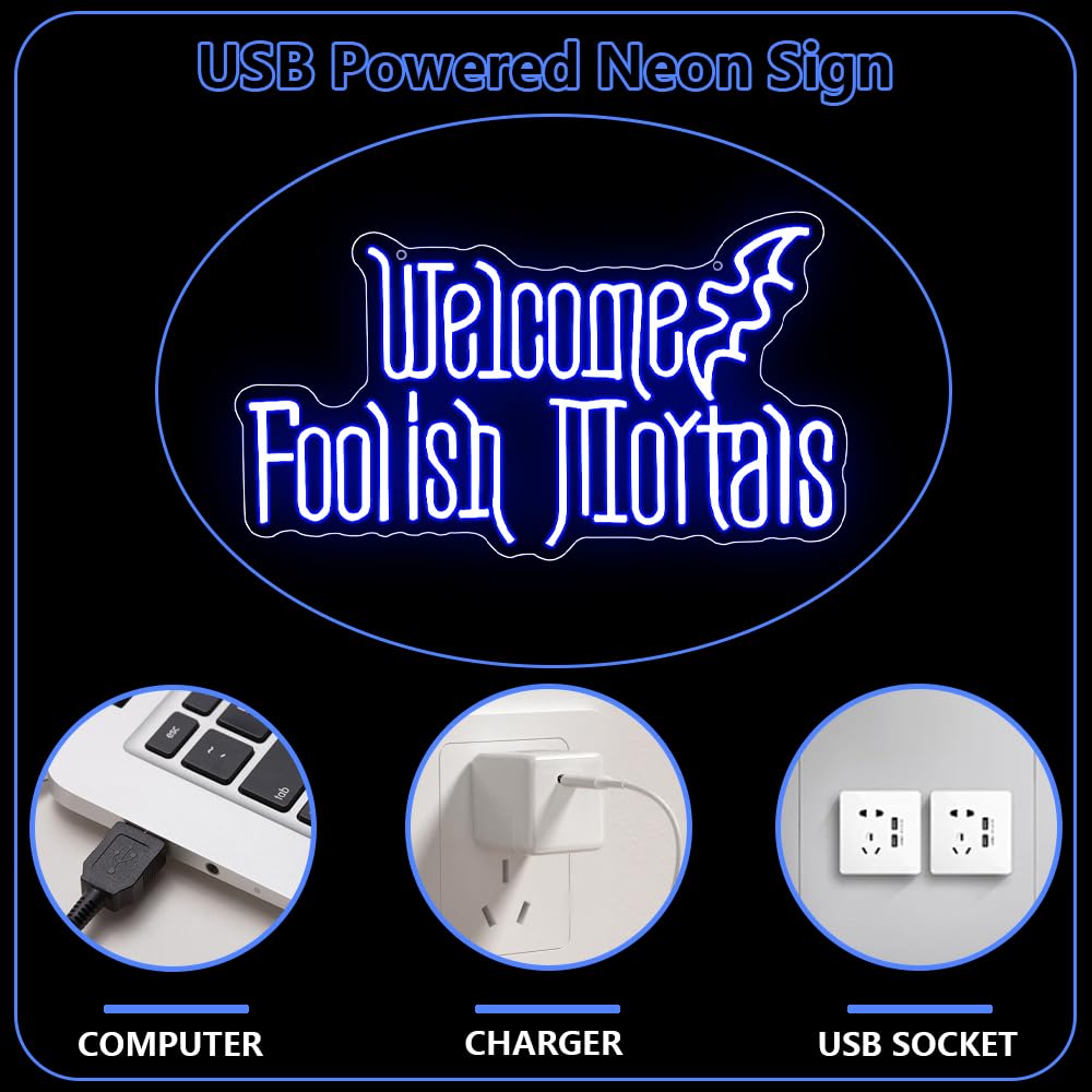 RuCvixkt Welcome Foolish Mortals Neon Sign, Halloween LED Neon Signs for Wall Decor, Spooky Gothic Haunted Mansion Decor, Coffin Led Neon Light Gift for Boy, Party, Man Cave, Haunted House(Blue)