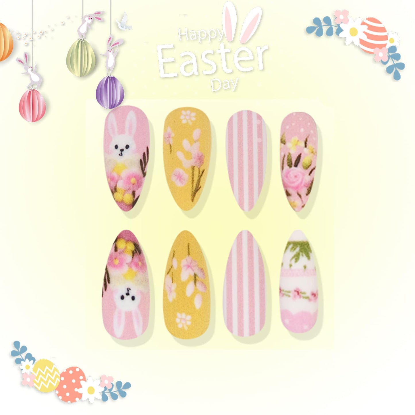 IMSOHOT Easter Press on Nails Medium Almond Fake Nails with Pink Flower & Cute Rabbit Design Pink Yellow Matte Full Cover False Nails Glue on Nails for Women Girls 24Pcs