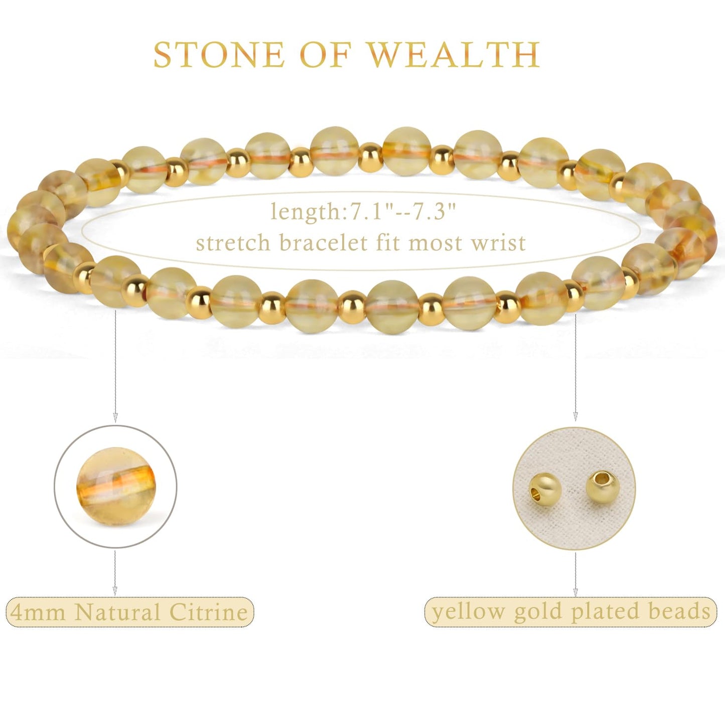 QOGIR Citrine - Stone of Wealth - 14K Gold Plated Beads Natural Gemstone Stretch Elastic Dainty Healing Beaded Bracelets Gifts 4mm
