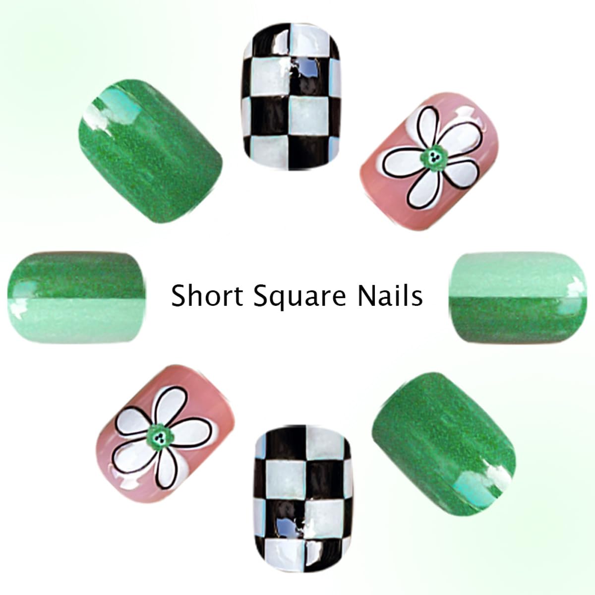 Green Press on Nails Short Square Fake Nails Spring Summer False Nails with Flower & Checkered Design Full Cover Stick on Nails for Women Manicure,Artificial | Reusable | Easy Apply | 24Pcs