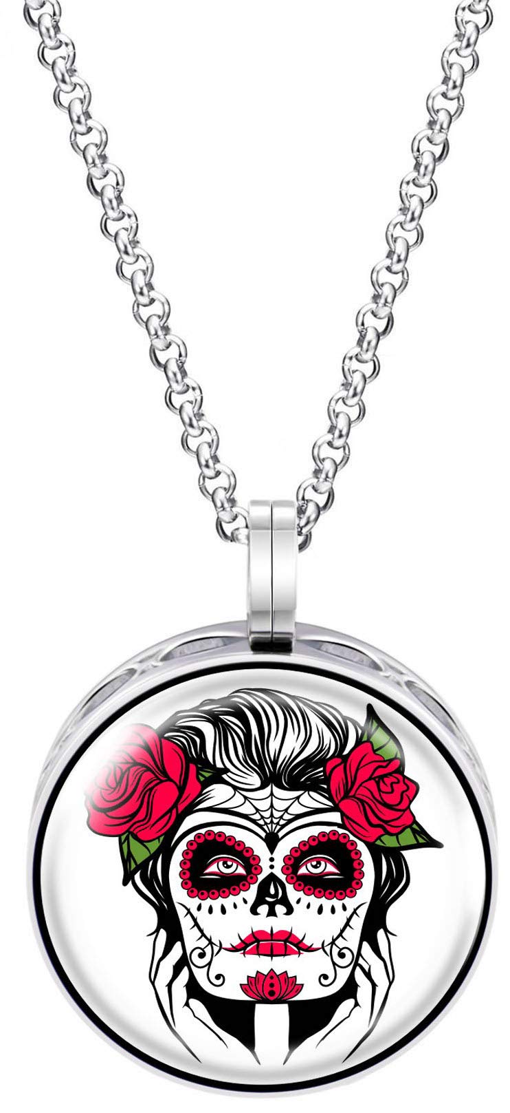 Wild Essentials Sugar Skull Tattoo Art Enamel Finish Essential Oil Diffuser Necklace Gift Set - Includes Aromatherapy Pendant, 24" Stainless Steel Chain, 8 Color Refill Pads