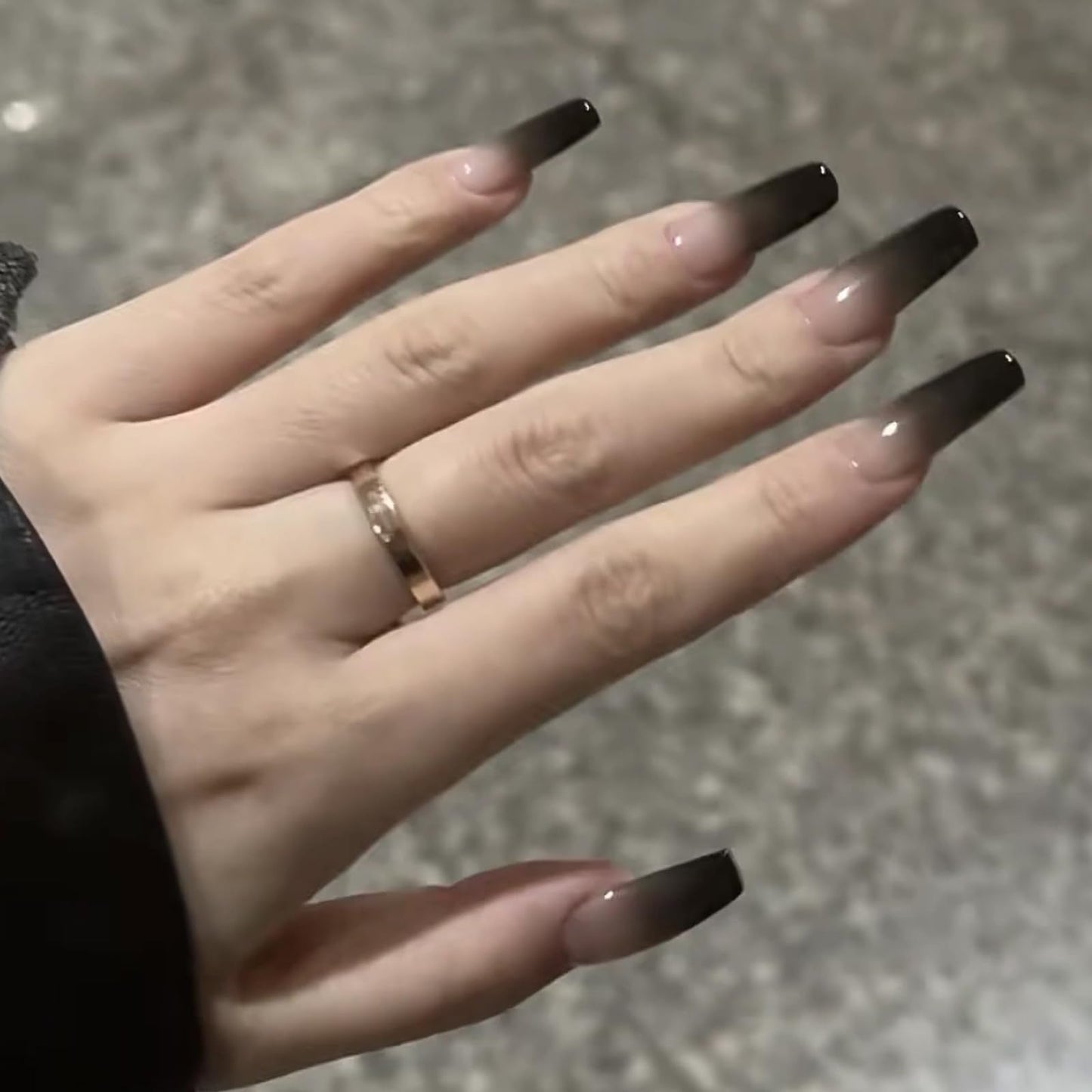MISUD Press on Nails - Long Coffin Glue on Nails with Goth Black, Acrylic Gothic Ombre Design 24 pcs