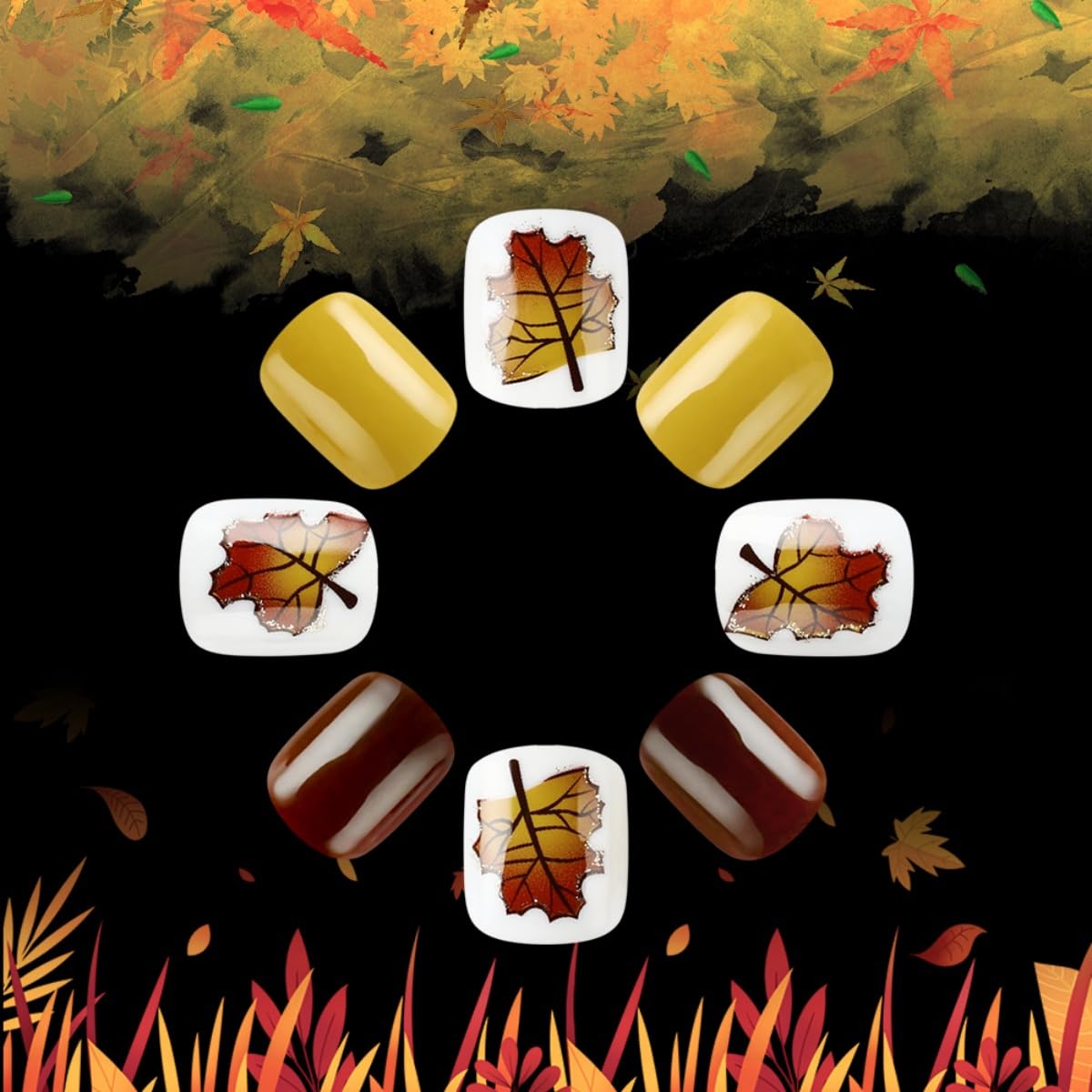 24Pcs Thanksgving Press on Nails Short Square Fake with Nails Maple Leaves Design Stick on Nails Cute Fall False Nails Glossy Artificial Full Cover Acrylic Glue On Nail for Women Girl Manicure