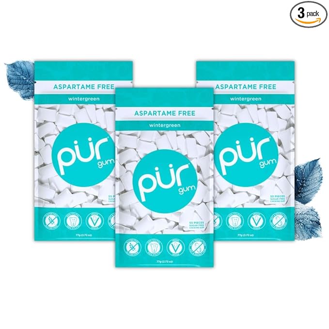 PUR Gum | Aspartame Free Chewing Gum | 100% Xylitol | Natural Wintergreen Flavored Gum, 55 Pieces (Pack of 3)