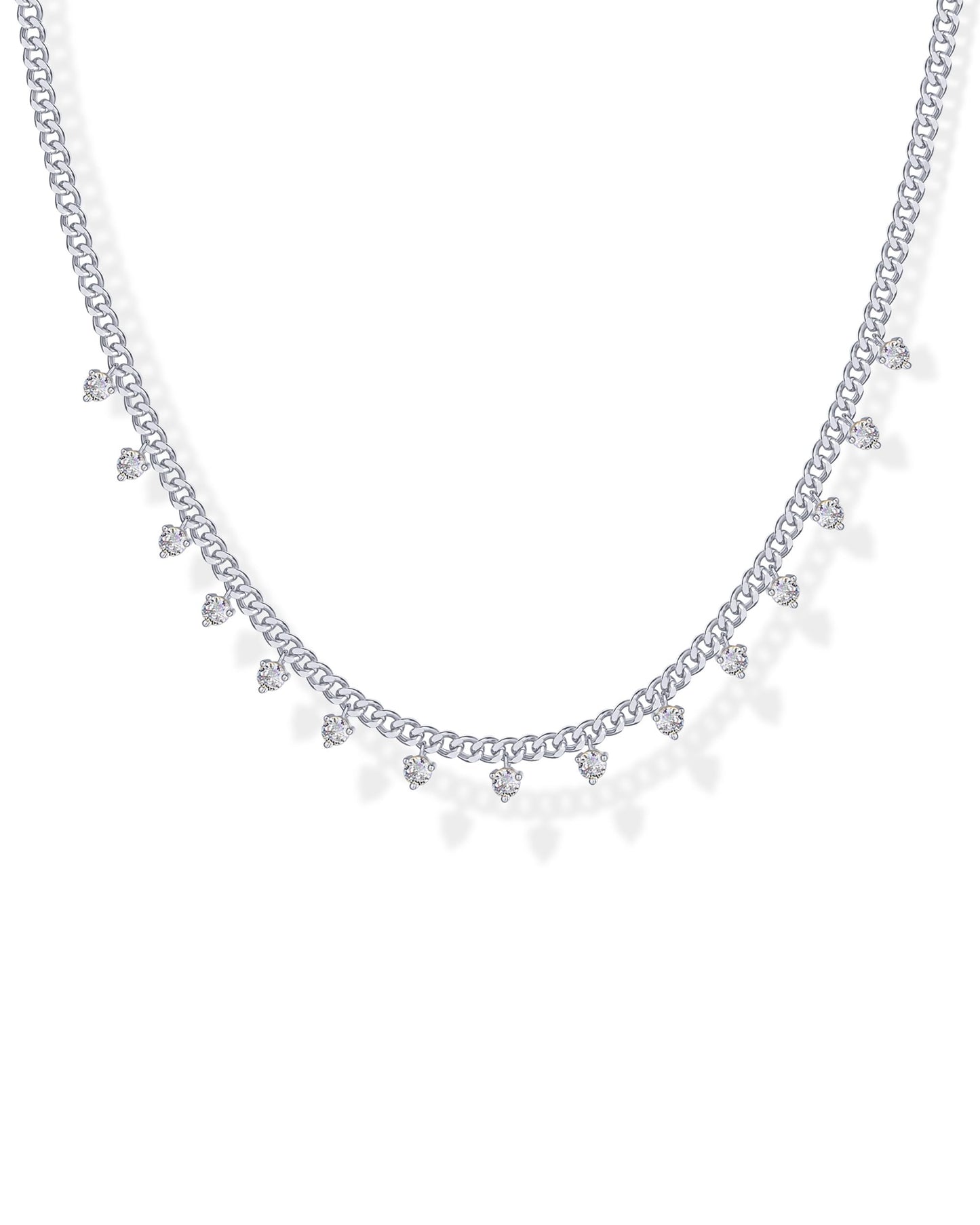 PAVOI Rhodium Plated Flat Curb Chain and Floating Dangle Station Choker Necklace for Women | Cubic Zirconia Necklace