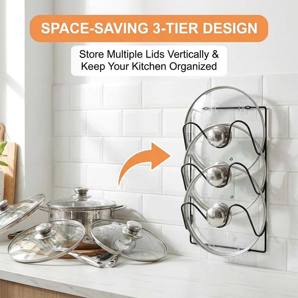 XARVLTMJ 2 Pack Pot Lid Organizer Rack for Cabinet Door or Wall, 6-Tier Pot Lid Holders, No Drilling Pan Cover Holder with 6 Adhesive Clips, Rustproof Kitchen Kit Storage Rack
