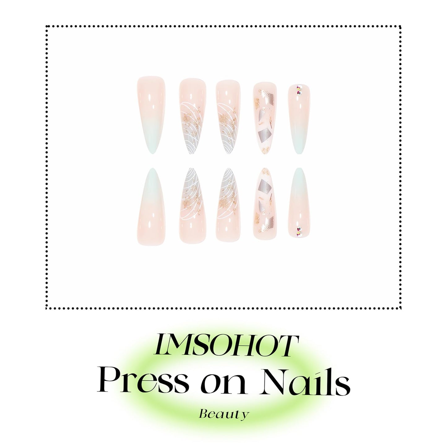 IMSOHOT Long Length Press on Nails Stiletto Green Gradient Fake Nails Glitter Gold Foil Full Cover Glue on Nails Almond Acrylic Nude False Nails with Rhinestone Designs 24Pcs for Women