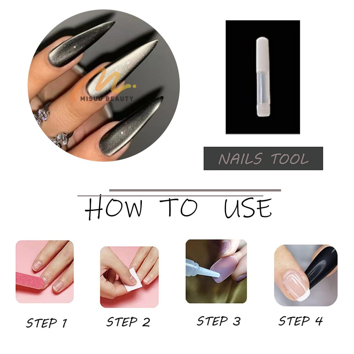MISUD Press on Nails - Long Stiletto Fake Nails with Goth Black, Acrylic Gothic Cat Eye Design 24 pcs