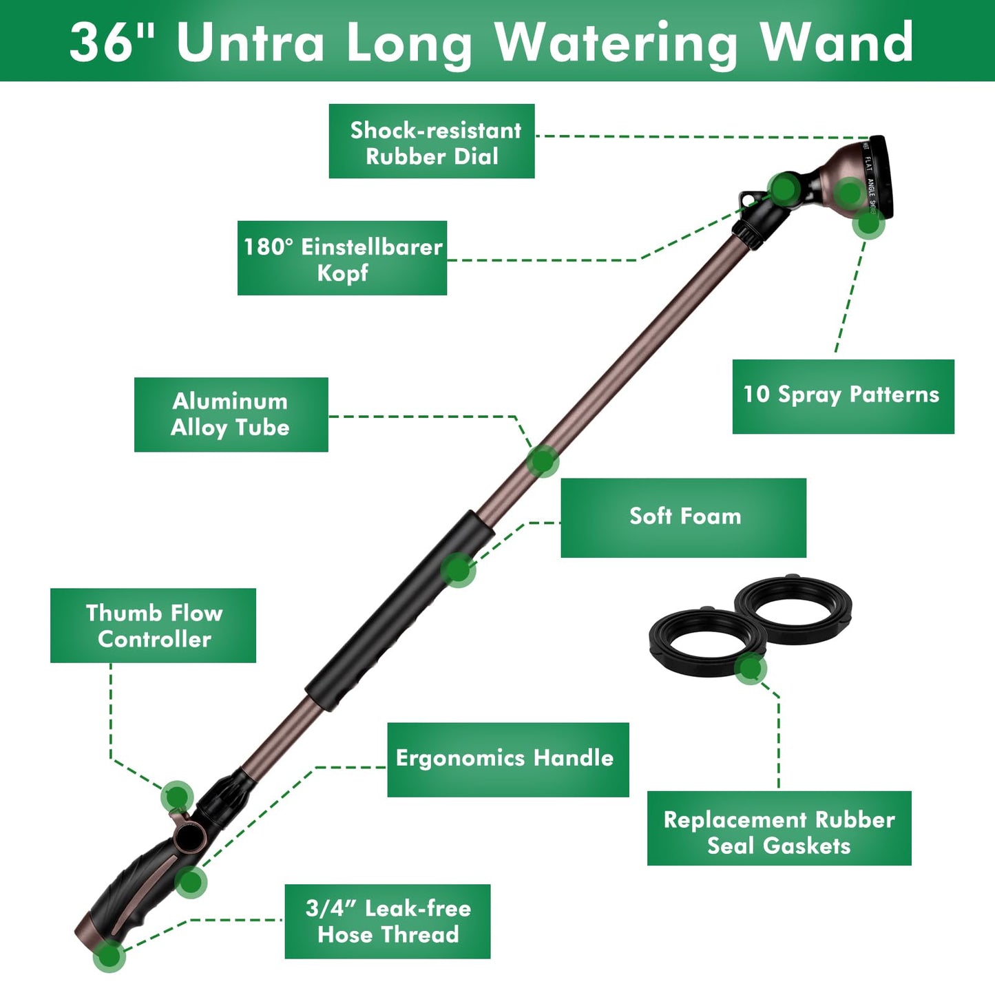 RESTMO 36”Long Watering Wand, 180° Swivel Head Metal Garden Hose Wand with 10 Spray Patterns, 3ft Heavy Duty Hose Nozzle Sprayer with Thumb Flow Control, Ideal to Water Hanging Baskets, Shrubs