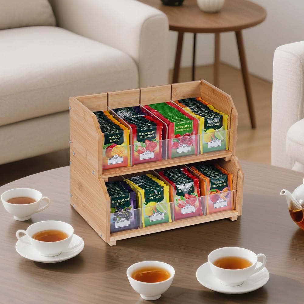 DOUKE Wooden Tea Bag Organizer – 2-Tier Stackable Tea Box with Adjustable Dividers, Safe Bamboo Tea Storage, Countertop Tea Holder for Coffee Tea Station, Kitchen, Office