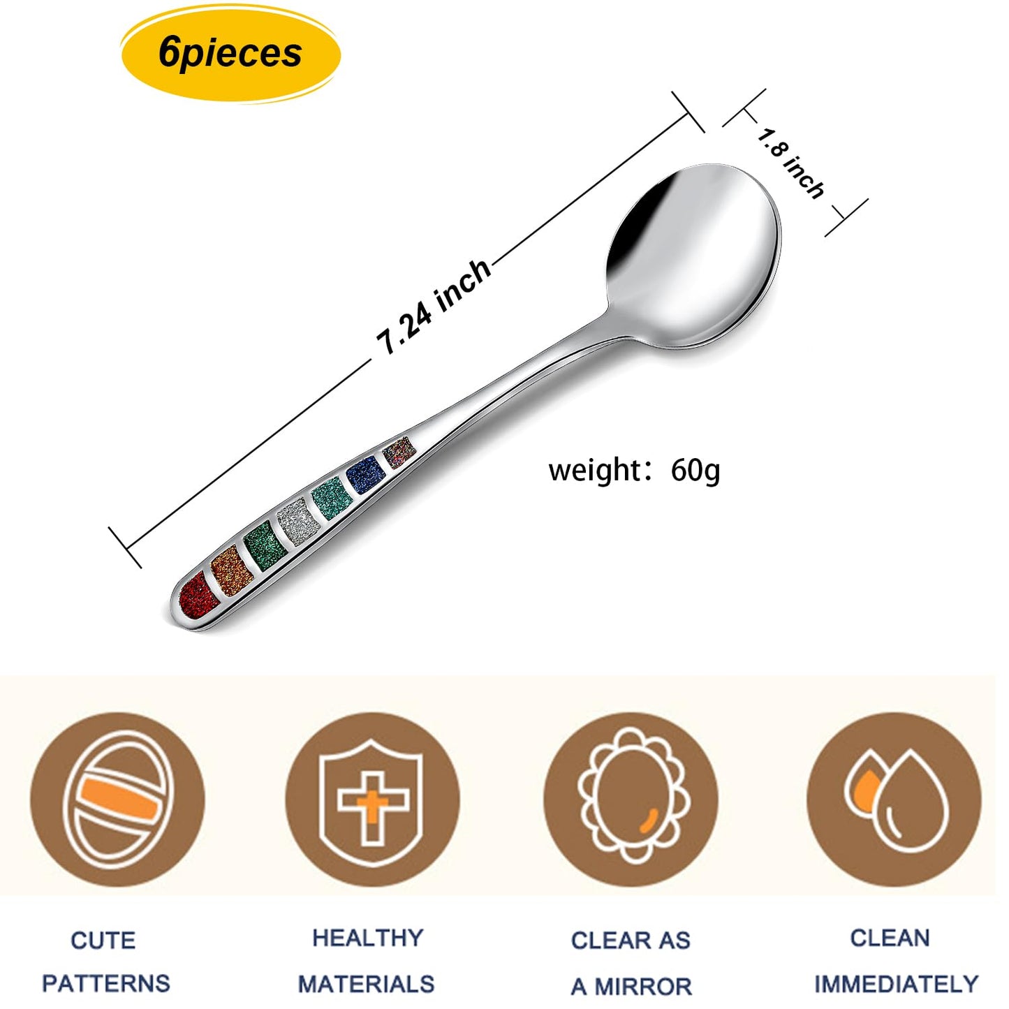 YIHOR Premium 7.24" European Soup Spoons, Stainless Steel creative colorful enamel spoon drinking spoon, Dishwasher Safe Disinfection cabinet Set of 6