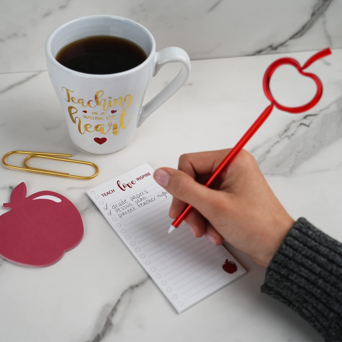 VOTUM Teacher Appreciation Gift for Women or Men - Bundle Includes Mug, Writing Pad, Apple-Shaped Pen and Sticky Notes, Jumbo Gold Paper Clip - Heart Coffee Cup - Teacher Appreciation Week Thank You