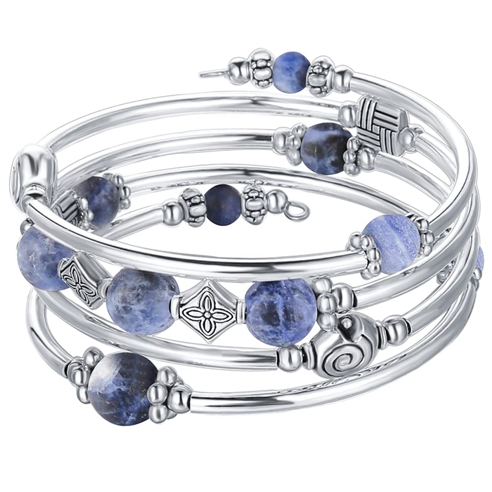 Beaded Pearl Bangle Wrap Bracelet - Fashion Bohemian Jewelry Multilayer Charm Bracelet with Thick Silver Metal Beads, Gift For Women(Navy Blue)