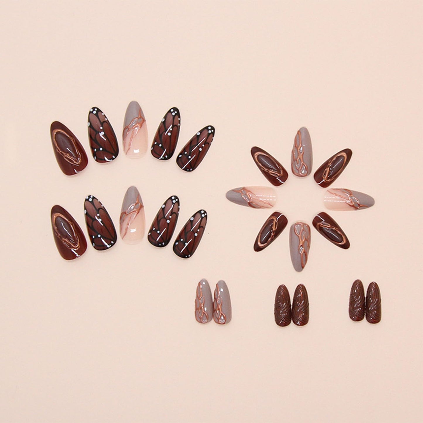 IMRAIN Brown Press on Nails Medium Almond Fake Nails Fall Butterfly Glossy Artificial False Nails Full Cover Golden Line Stick on Nails for Women Girls
