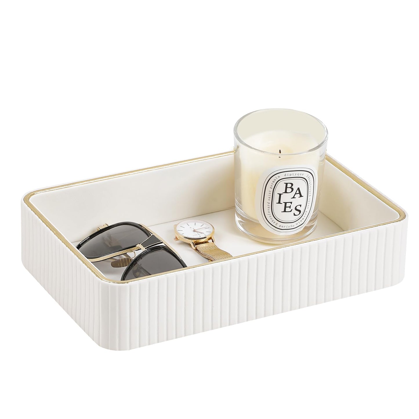MEIBOOCH Desk Organizer Tray, PU Leather Nightstand Organizer Perfume Valet Tray for Men Women, Decorative Vanity Trays Trinket Dish Key Bowl for Entryway Table (Ivory, Medium)