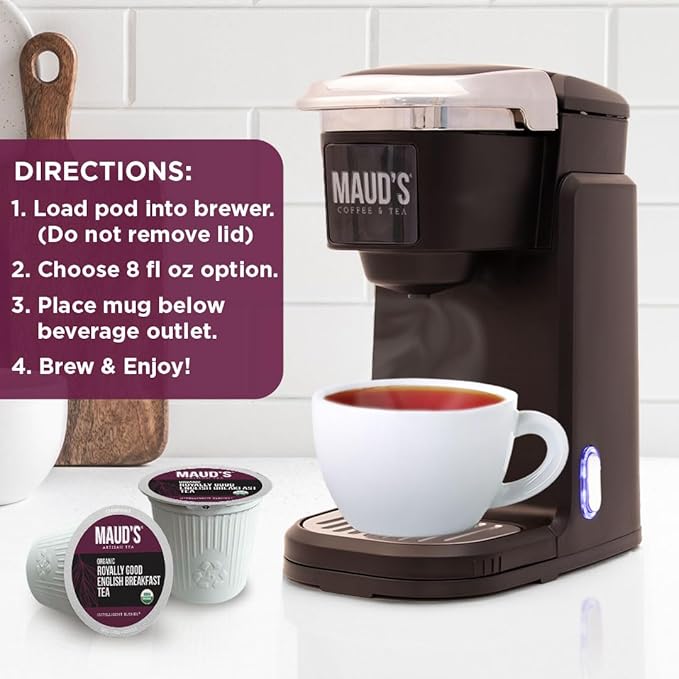 Maud's Organic English Breakfast Black Tea Pods, 100 ct, Recyclable Single Serve Pods – 100% Gourmet Blended Tea Leaves, Compatible with Keurig K Cups Maker