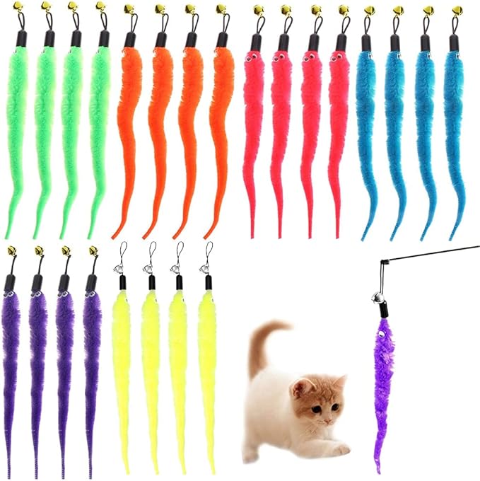 KuuGuu 24 PCS Cat Worm Toy Zebra Print Feather Worm Teaser Refills Attachment Cute Cat Wand Replacement Interactive Wand Accessories for Fishing Pole Toy Teaser for Indoor Cats Kitten