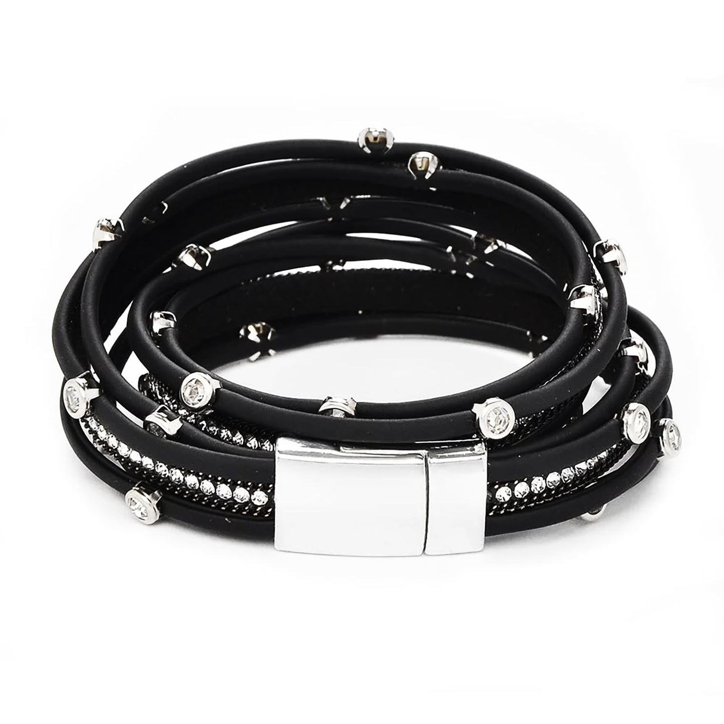 Leopard Bracelet for Women, Boho Leather Wrap Multi-Layer Pearl Crystal Bracelet Bangle Jewelry(Rhinestone(Black))