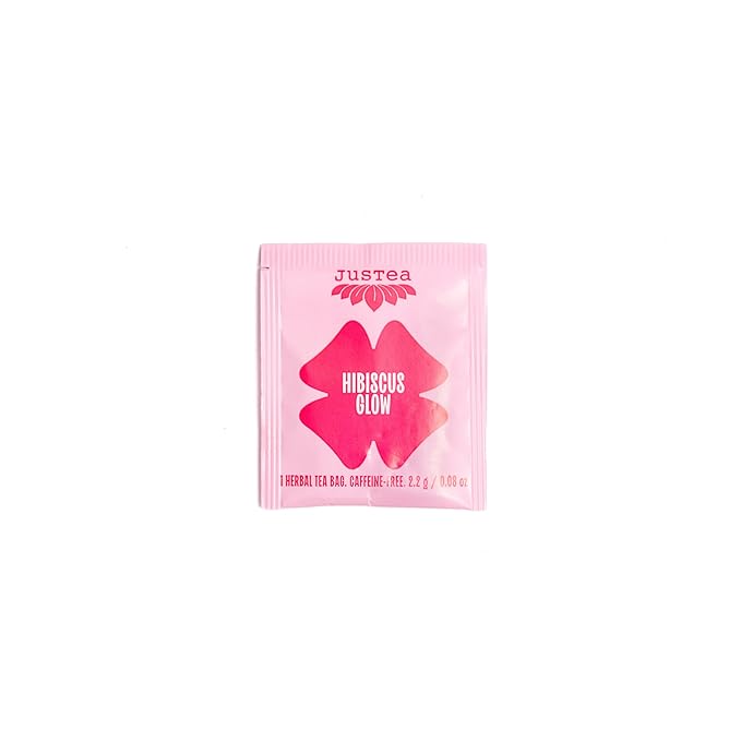 JusTea HIBISCUS GLOW | Herbal Tea Bags, Caffeine-Free, Organic Hibiscus Tea | Fair-Trade | Plastic-Free Tea Bags | Vegan, Sugar-Free, Gluten-Free | 16 Tea Bags