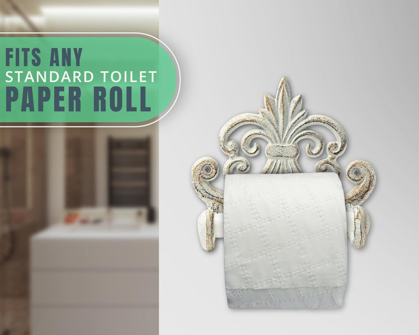 Comfify Fleur De Lis Cast Iron Toilet Paper Holder – Wall Mounted Tissue Dispenser – European Vintage Design – 7.28" x 6.29" x 3.74" – Includes Screws and Anchors – Antique White