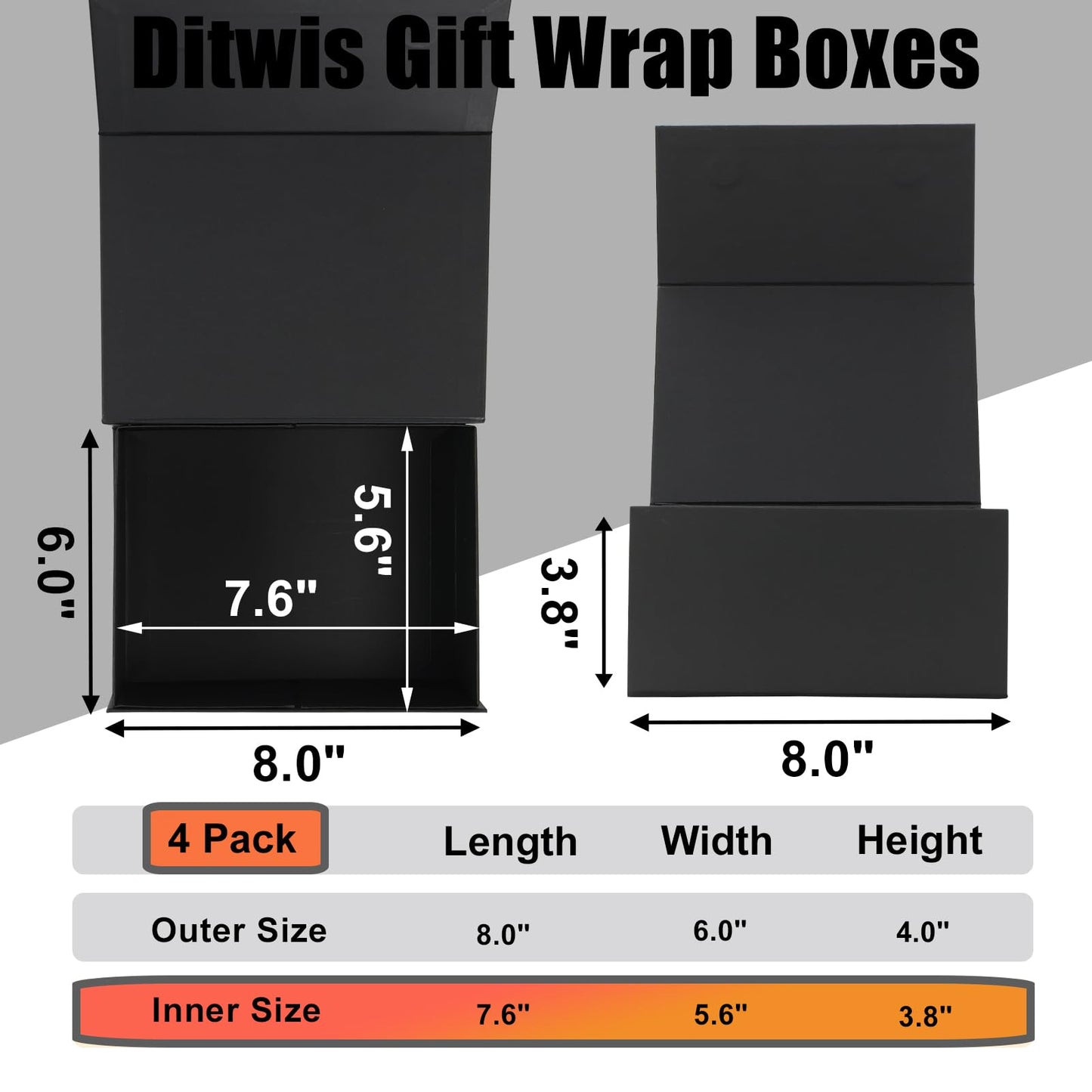 Ditwis 4 Pack 8x6x4 Inches Gift Boxes with Magnetic Closure Lids, Black Magnetic Box for Wedding, Groomsmen Bridesmaid Proposal, Birthdays, Mother's Day