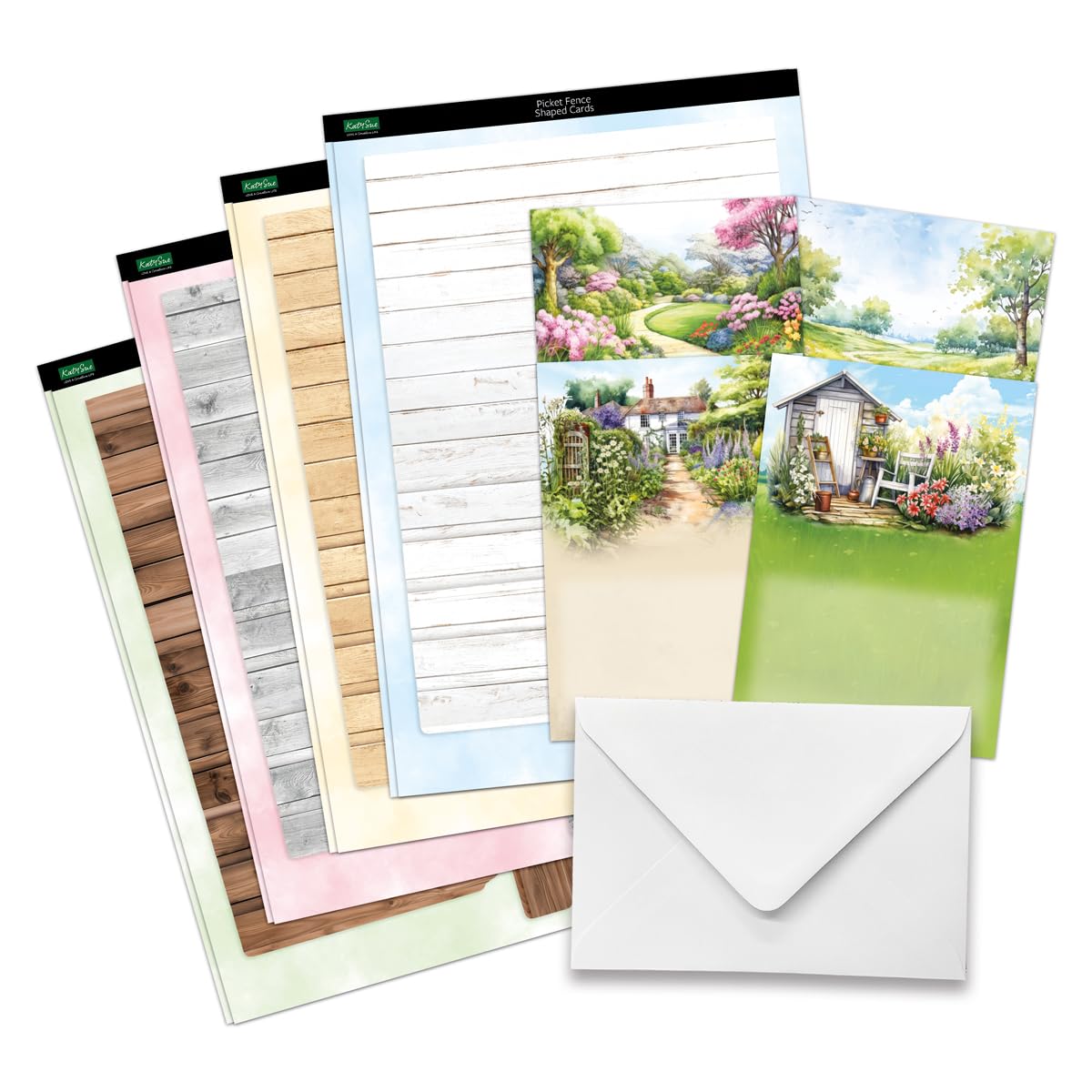 Katy Sue Pretty Petals Picket Fence Card Making Kit. Contains 8 Shaped Cards, 2 Sheets of Die Cut Decoupage, Foam Pads, 8 Envelopes & Instructions. for Card Making Supplies & Card Crafting