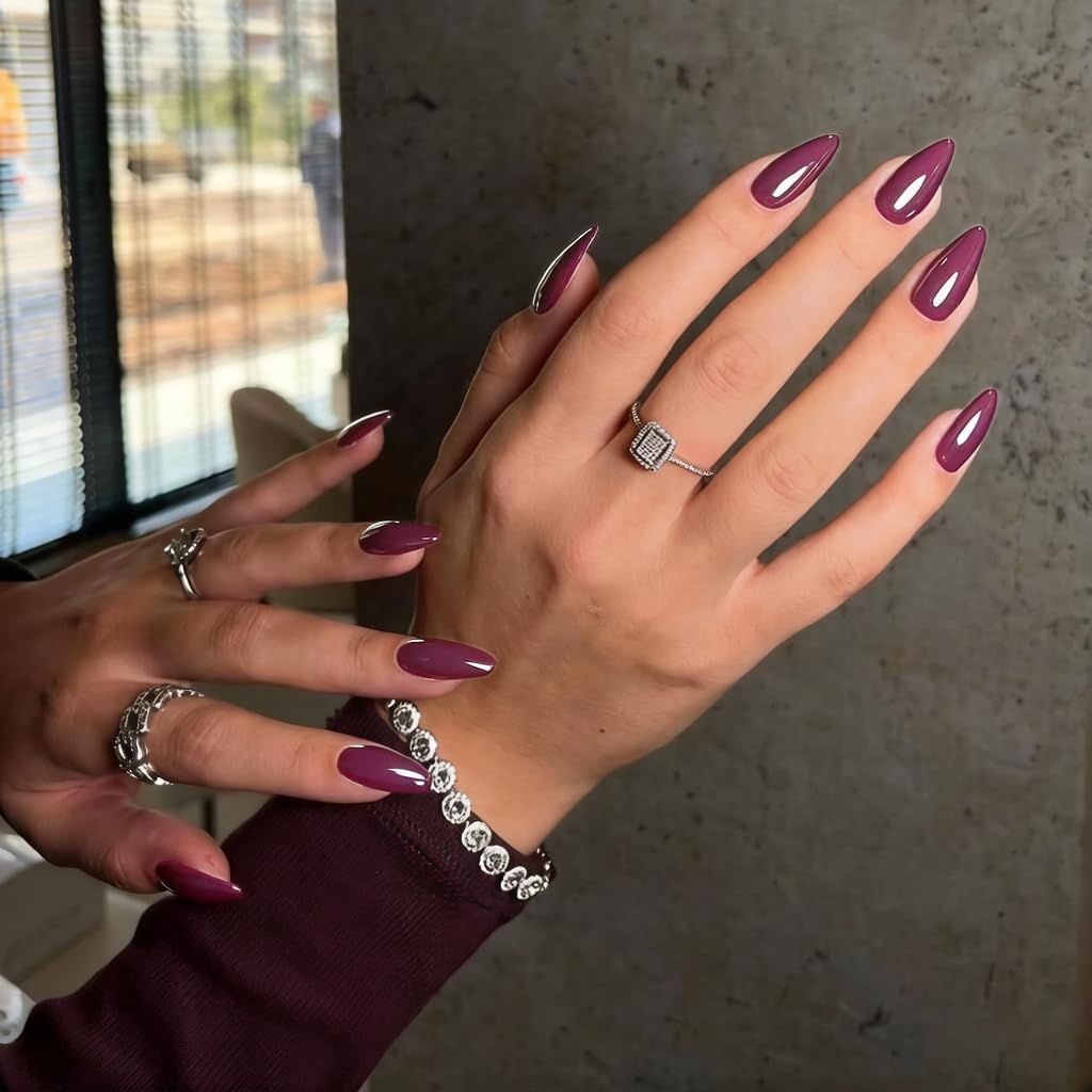 KQueenest Mauve Pink Press on Nails Medium Almond Stiletto, Glossy Gel Fake Nails Medium Pure Color, Purple Acrylic Nails Press ons Feature Protective UV Coating in 24 Pcs
