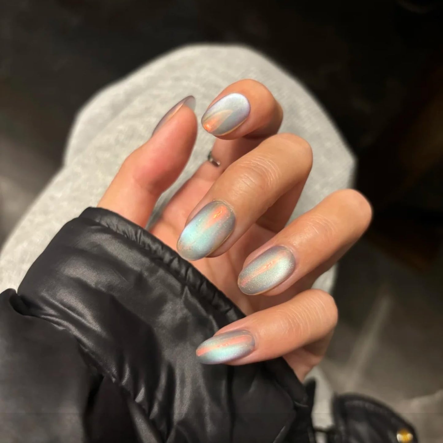 Cat Eye Press on Nails Handmade Short Oval/Square/Round False Nails with French Tip/Aurora/Magnetic Shimmer Designs (Aurora#Sunset River, Large)