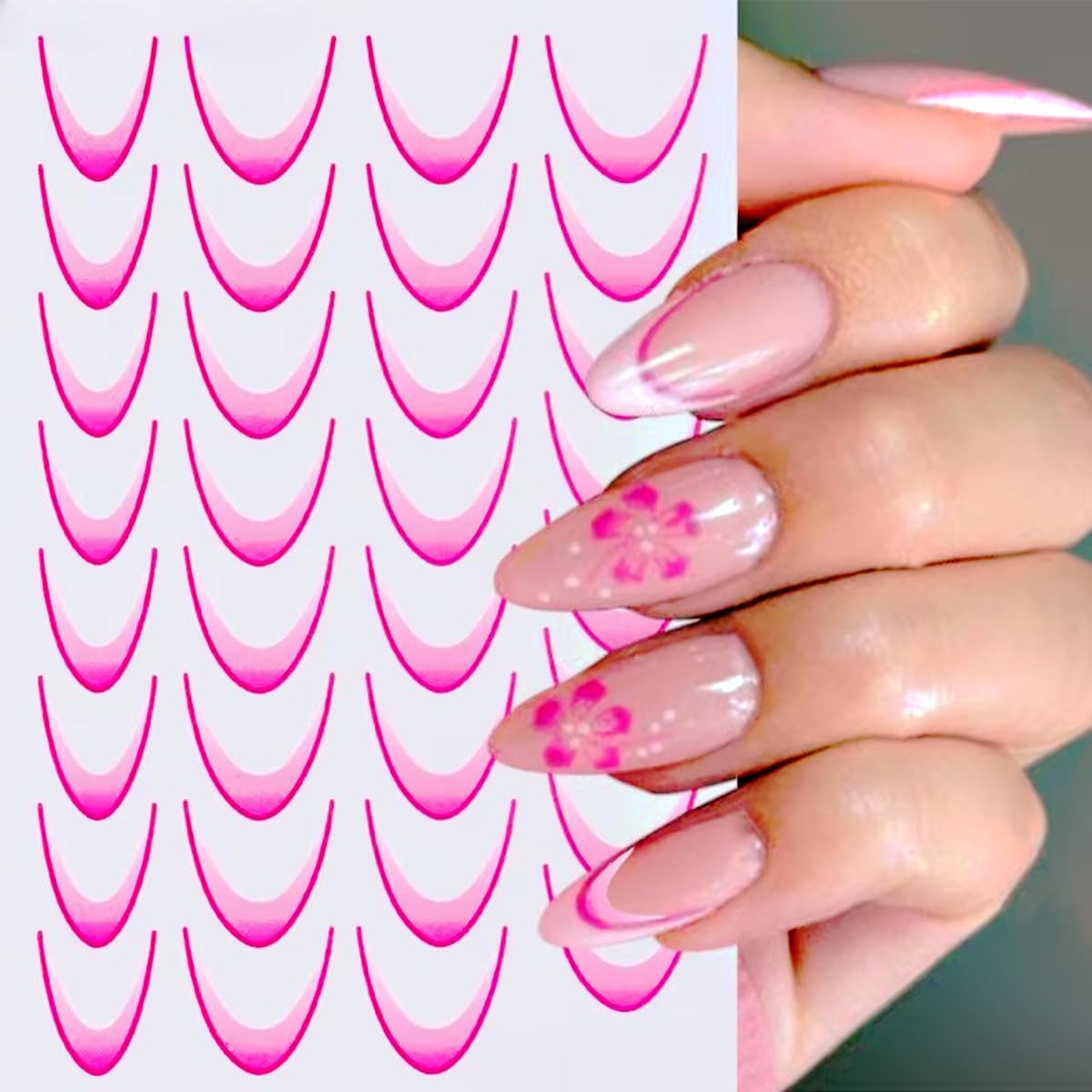 Gradient Colorful French Line Nail Art Stickers - 3D Self-Adhesive Tips Guides, Stripe Curved Lines Designs Transfer Decals for DIY Stencil Tools - 6Pcs
