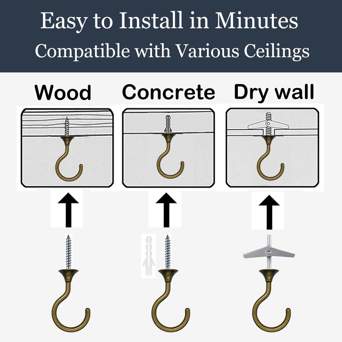 Evsteluo 4 Sets Heavy Duty Swag Ceiling Hooks with Hardware for Hanging Plants, Cavity Wall Fixing, Easy Installation, Holds Up to 30lbs, Ideal for Home & Garden (4 Sets, Antique Brass)