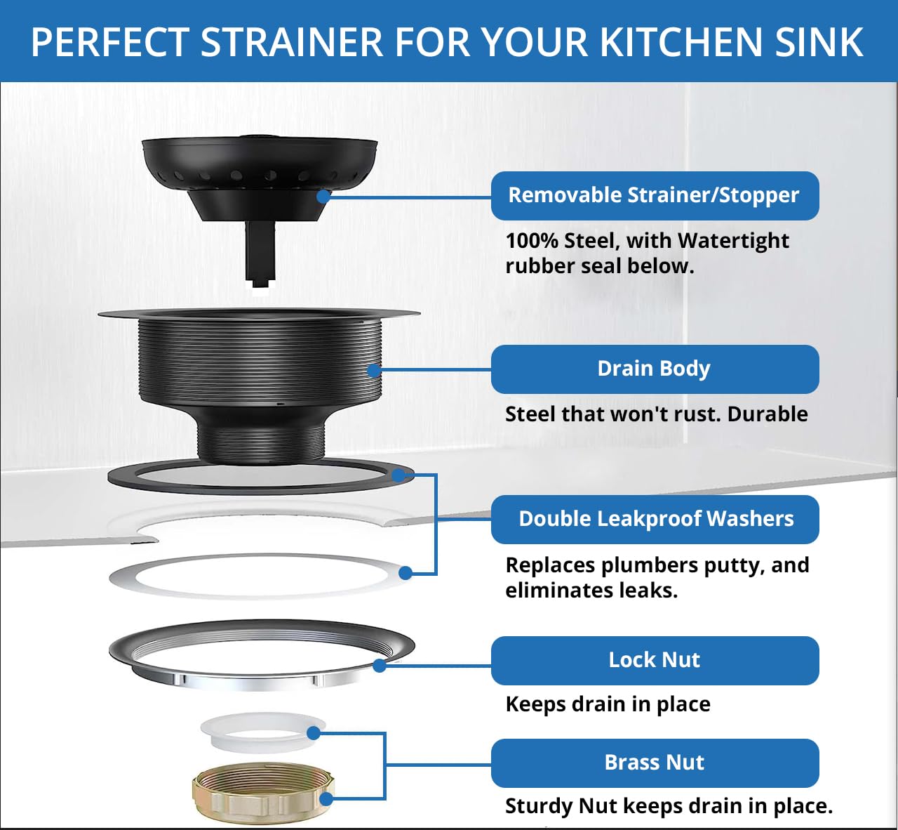 LXLOTUS 3-1/2 Inch Matte Black Kitchen Sink Drain Kit - Complete Black Kitchen Drain Assembly - Black Stainless Steel Strainer Basket Included - Fits 3.5" Standard Kitchen Sink
