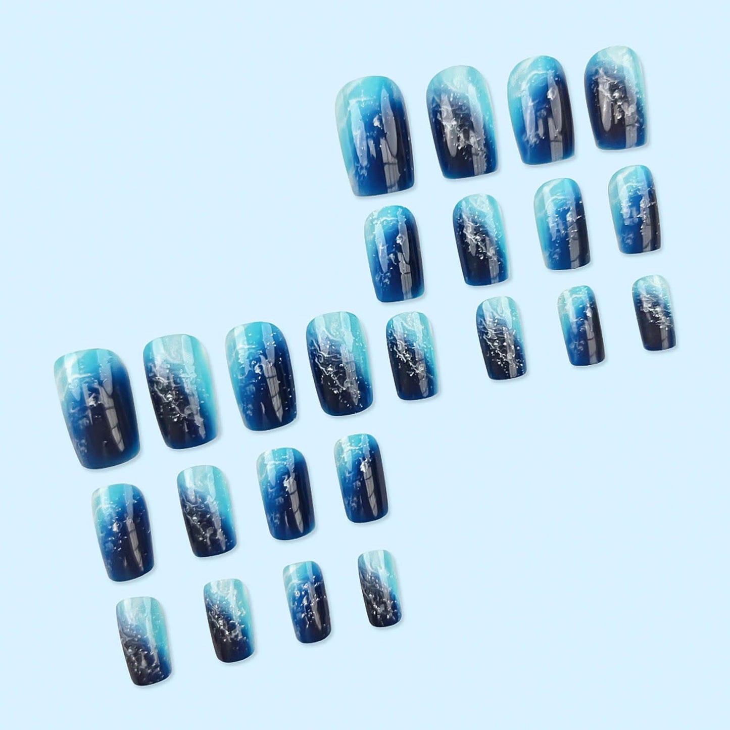 RUOKEXIN Square Press on Nails - Medium Blue Ombre False Nails with Glitter Designs, Thick Glossy Artificial Nails, 24Pcs