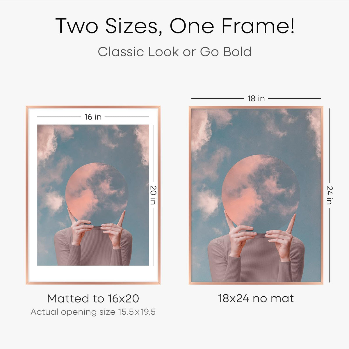 Homeforia 18x24 Frame Rose Gold, High End Metal 18x24 Poster Frames with Mat 16x20 inch Photo, 18 x 24 Rose Gold Picture Frame Matted to 16 by 20 Print, 24x18 Frame, Tempered Glass, Wall Kit, Set of 1