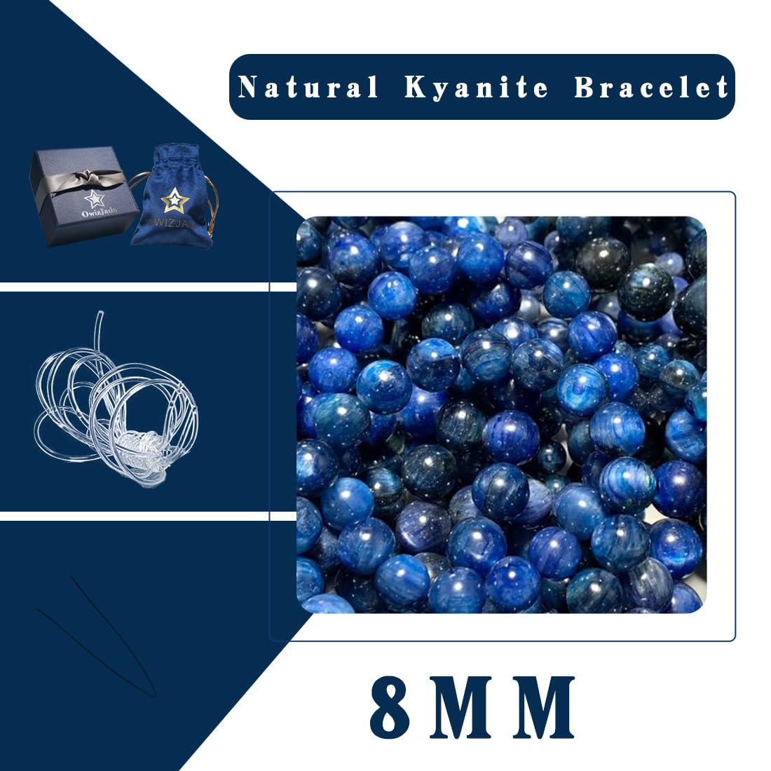 OwizJade Kyanite Bracelet 8MM for Women Men Beads | Control of Your Life - Fits for About 7" Wrist | Anxiety & Stress Relief | Absorb Negative Energy | Come With Box & Velvet Pouch & Beading Kit