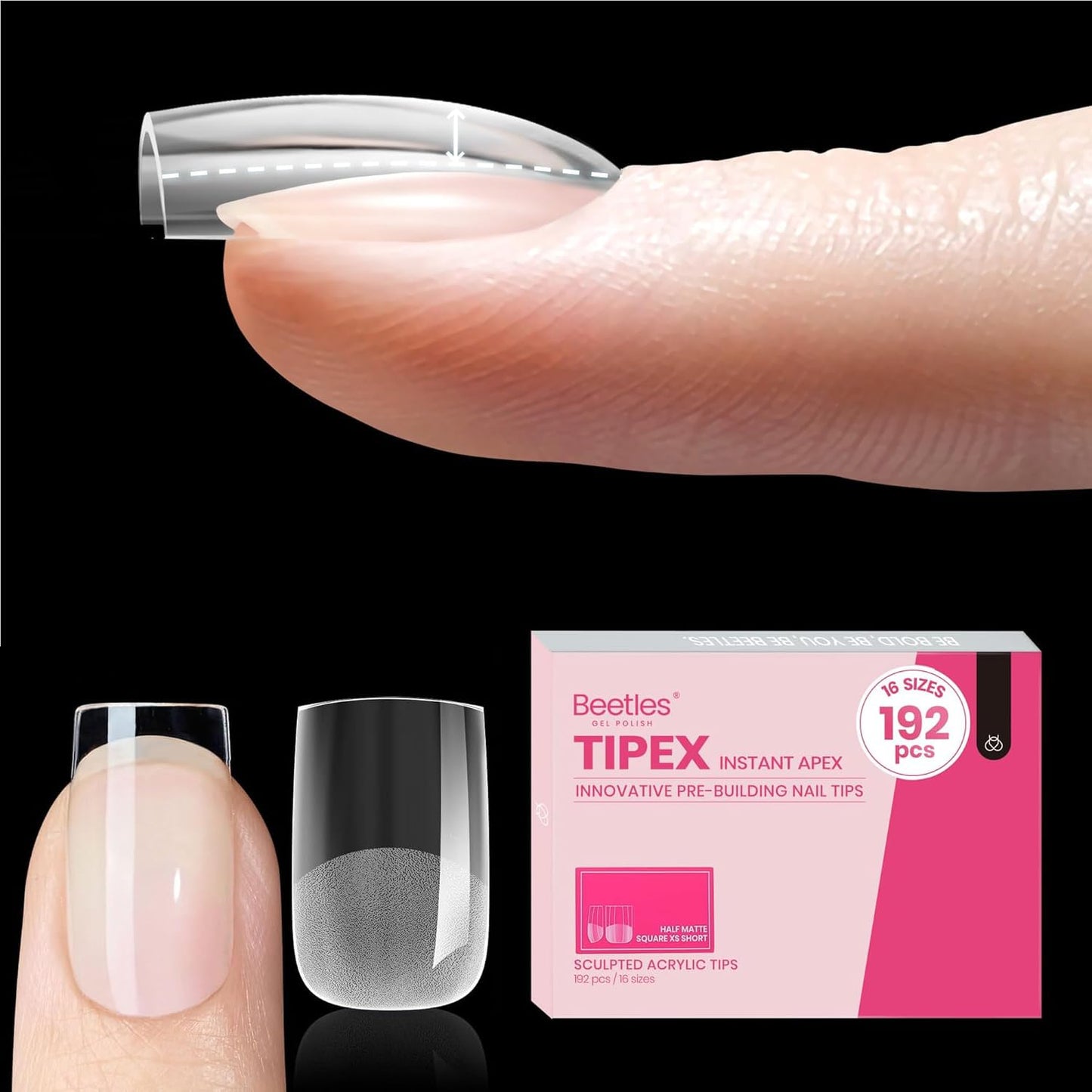 Beetles Tipex Instant Apex Nail Tips, XS Short Square, 16 Sizes |00–14, 192pcs, Built-In Apex, No Builder Gel Required, Thicker Strong Acrylic Tips for DIY Nail Extensions