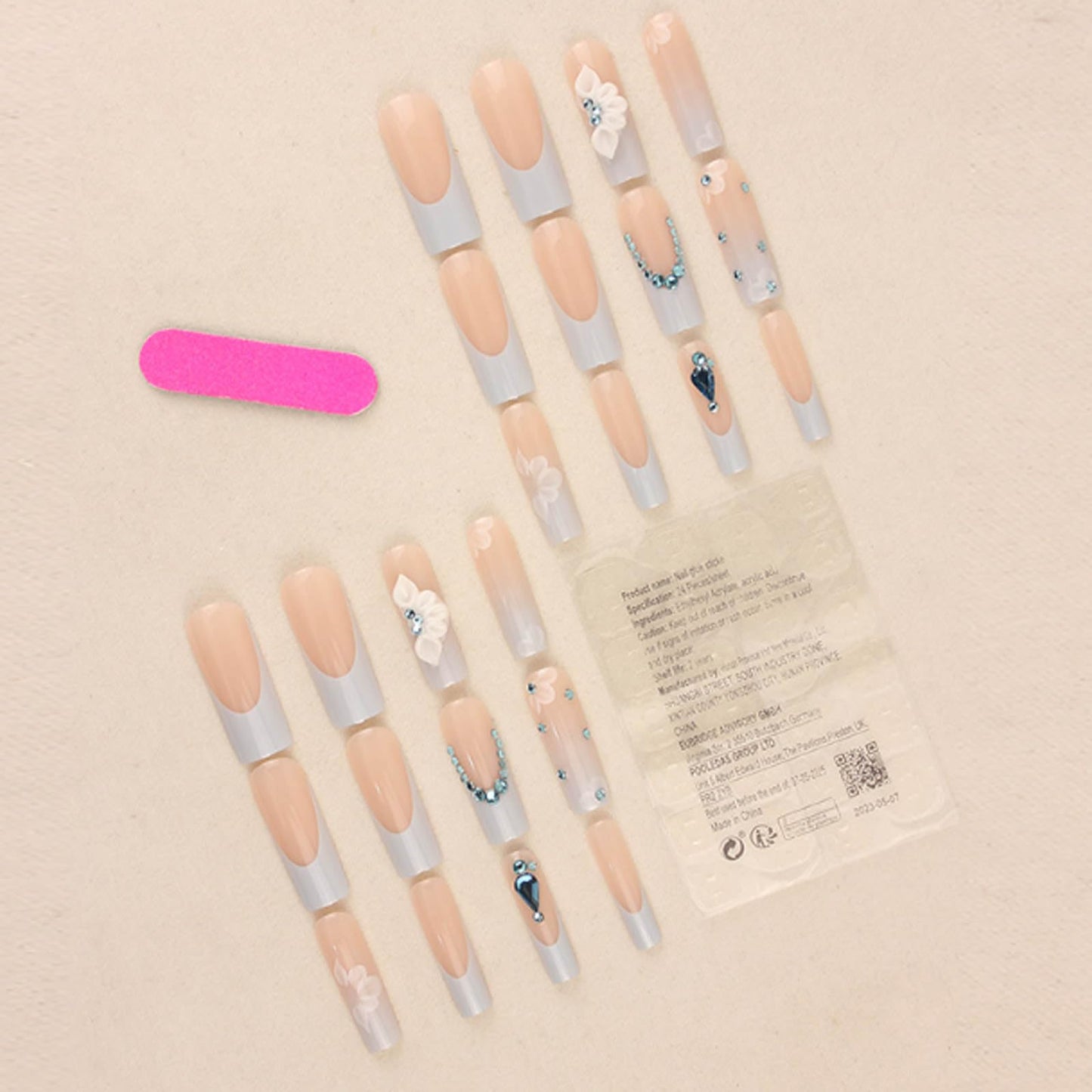 Hkanlre Press on Long Nails Square Blue Fake Nails Tips Full Cover False Gradient 3D Flower Nails for Women and Girls 24PCS