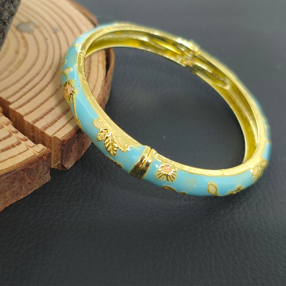 Cloisonne Bracelet For Women, Chunky Bangle Trendy Cute Flower Enamel Bangles Multi Tone Engraved Cuff Gold Plated Bracelets Stackable Wife Jewelry Friendship Gift (Blue, One Size)