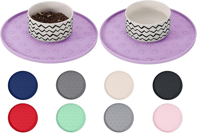 Comtim Waterproof Dog Food Mat - 2 Pack Silicone Pet Food Mat Dog Food Bowl Mats Cat Water Mats Eating Tray, Non-Slip Pet Placemat with Lip for Messy Drinkers to Protect Floor,Dark Grey 11"×11"
