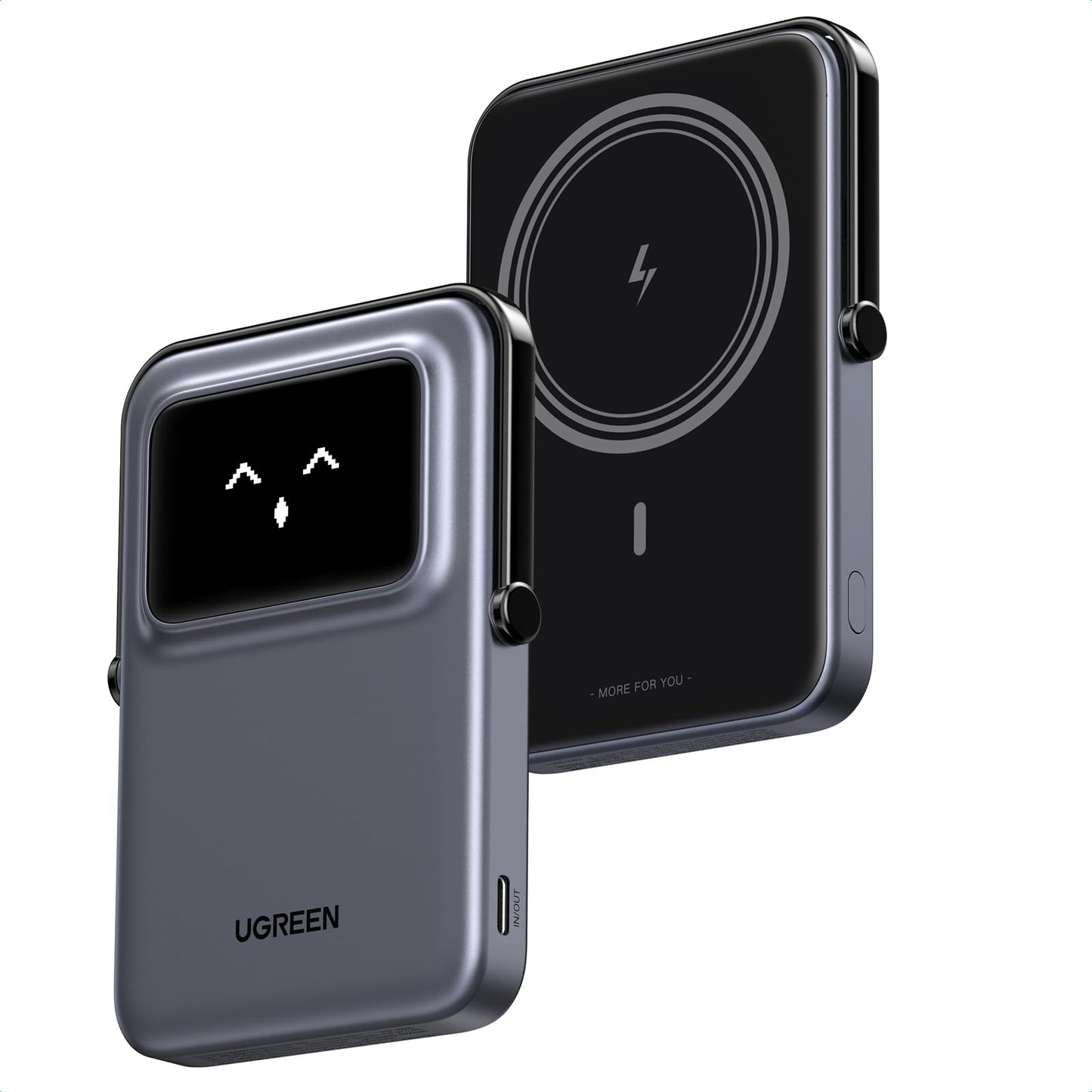 UGREEN Uno Magnetic Power Bank, Wireless Portable Charger, 20W Fast Charging Battery Pack with Foldable Stand and TFT Display 5000mAh for iPhone 17/17 Air/17 Pro/17 Pro Max/16/15/14/13 Series, Black