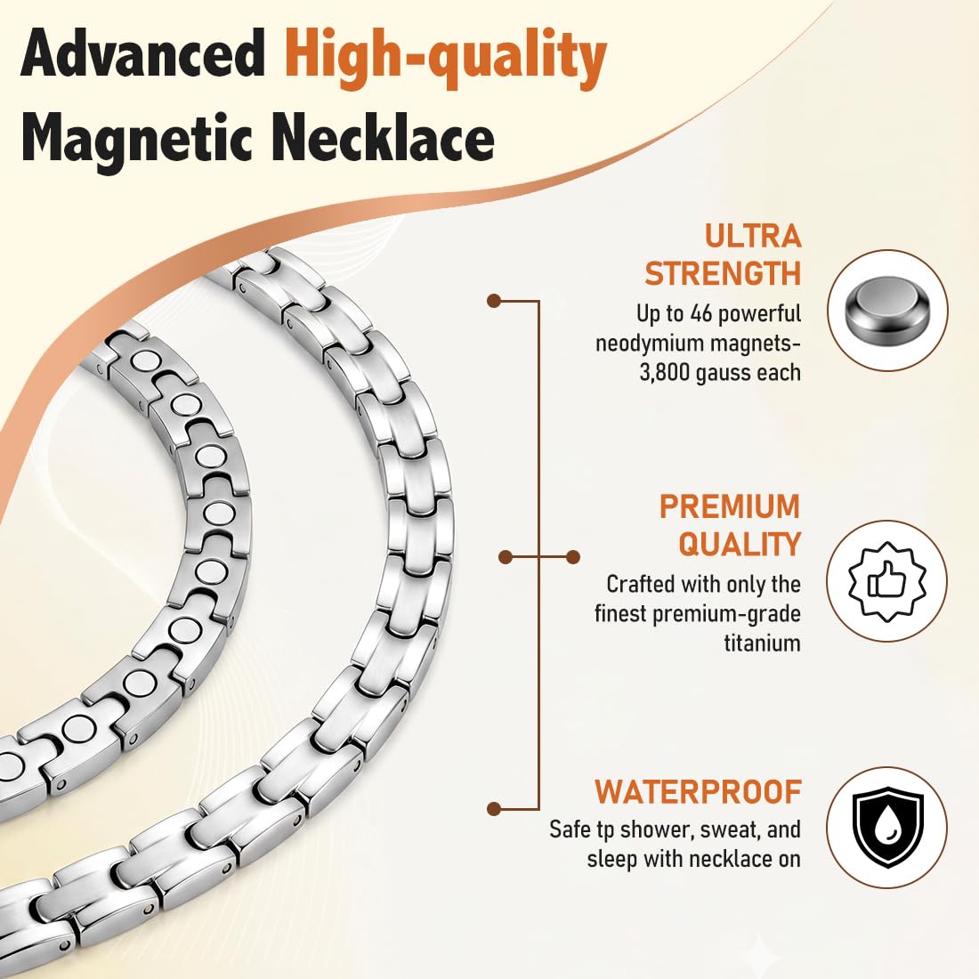 Vicmag Magnetic Titanium Necklace for Men & Women, Titanium Necklace Set with 4X Ultra Strength Magnets Ring, Adjustable Chain & Sizing Tool(Silver)