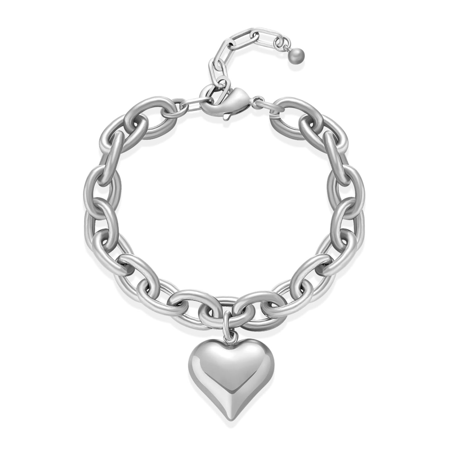ENSKEFEN Puffy Heart Silver Charm Bracelets for Women Chunky Love Heart Link Chain Bracelets Adjustable White Gold Bangle Bracelet Stackable Jewelry
