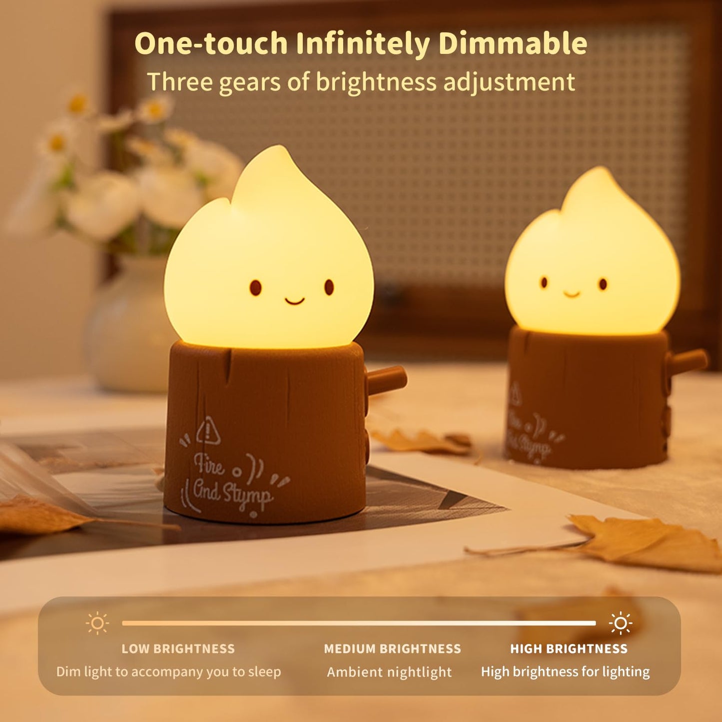Myratts Led Cute Stump Fire Night Light, Dimmable Nursery Kawaii Lamps, Super Squishy Silicone USB Rechargeable Timer Night Lamp for Kids Adults, Used for Camping Party Room Decor (Stump Fire)